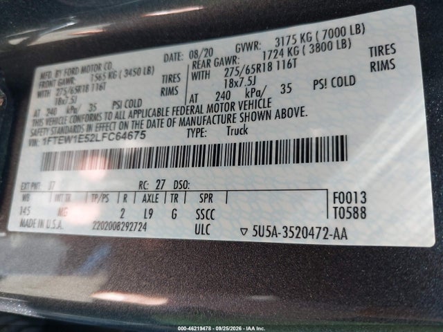 Продажа на аукционе авто 2020 Ford F-150 Xlt, vin: 1FTEW1E52LFC64675, номер лота: 46219478