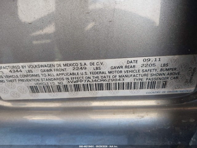 46219491 :رقم المزاد ، 3VWPP7AJ4CM629043 vin ، 2012 Volkswagen Jetta Sportwagen 2.5l Se مزاد بيع