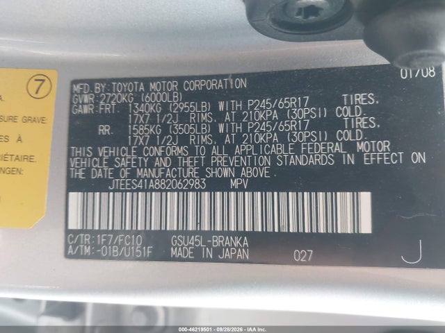 Aukcja sprzedaży 2008 Toyota Highlander, vin: JTEES41A882062983, numer aukcji: 46219501