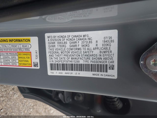 2026 Honda Civic Sport მანქანა იყიდება აუქციონზე, vin: 2HGFE2F59TH615299, აუქციონის ნომერი: 46219524