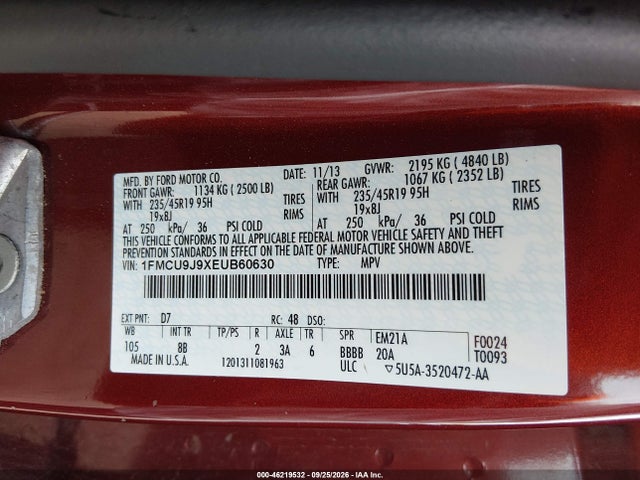46219532 :رقم المزاد ، 1FMCU9J9XEUB60630 vin ، 2014 Ford Escape Titanium مزاد بيع