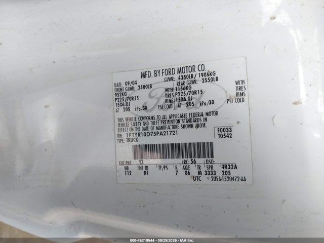 46219544 :رقم المزاد ، 1FTYR10D75PA21721 vin ، 2005 Ford Ranger Xl/xls/xlt مزاد بيع