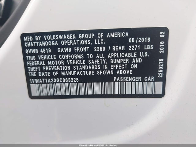Aukcja sprzedaży 2016 Volkswagen Passat 1.8t R-line, vin: 1VWAT7A33GC063225, numer aukcji: 46219546