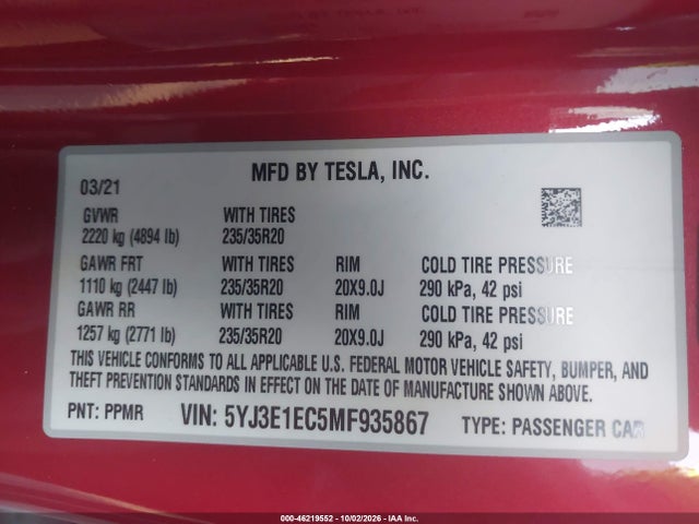 Aukcja sprzedaży 2021 Tesla Model 3 Performance Dual Motor All-wheel Drive, vin: 5YJ3E1EC5MF935867, numer aukcji: 46219552