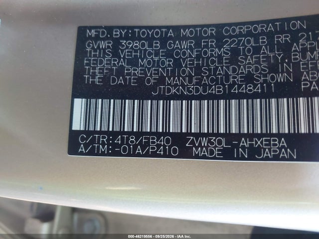 Aukcja sprzedaży 2011 Toyota Prius Two, vin: JTDKN3DU4B1448411, numer aukcji: 46219556