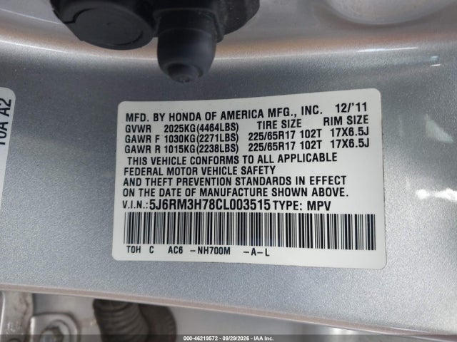 Продаж на аукціоні авто 2012 Honda Cr-v Ex-l, vin: 5J6RM3H78CL003515, номер лоту: 46219572