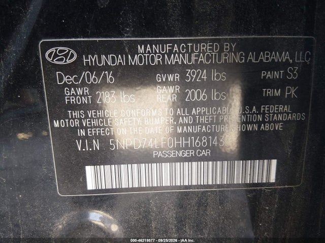 2017 Hyundai Elantra Se მანქანა იყიდება აუქციონზე, vin: 5NPD74LF0HH168143, აუქციონის ნომერი: 46219577