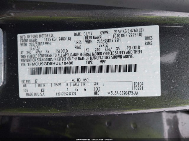 2017 Ford Escape Se მანქანა იყიდება აუქციონზე, vin: 1FMCU9GD5HUE18486, აუქციონის ნომერი: 46219583