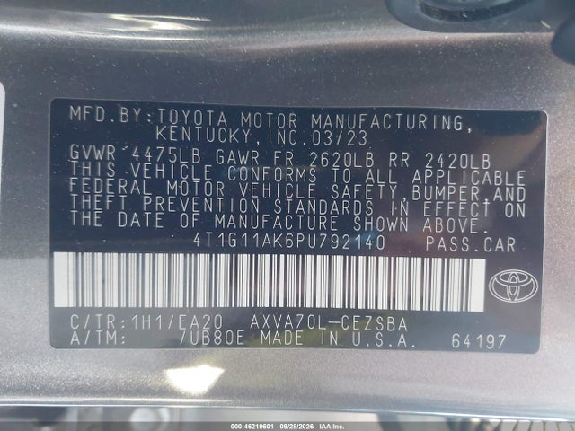 46219601 :رقم المزاد ، 4T1G11AK6PU792140 vin ، 2023 Toyota Camry Se مزاد بيع
