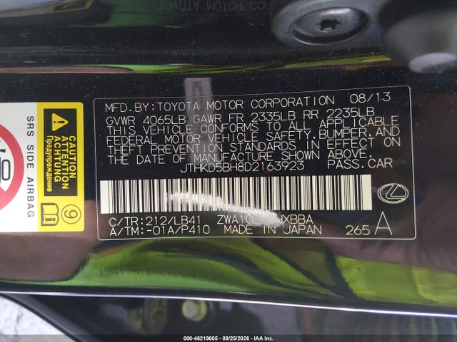 Продаж на аукціоні авто 2013 Lexus Ct 200h, vin: JTHKD5BH8D2163923, номер лоту: 46219605