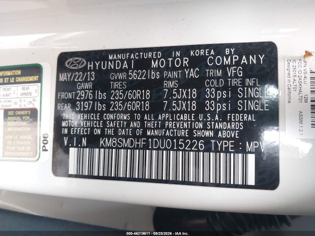 2013 Hyundai Santa Fe Gls მანქანა იყიდება აუქციონზე, vin: KM8SMDHF1DU015226, აუქციონის ნომერი: 46219611
