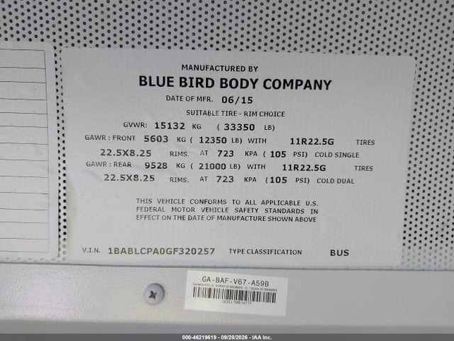 46219619 :رقم المزاد ، 1BABLCPA0GF320257 vin ، 2016 Blue Bird School Bus / Transit Bus مزاد بيع