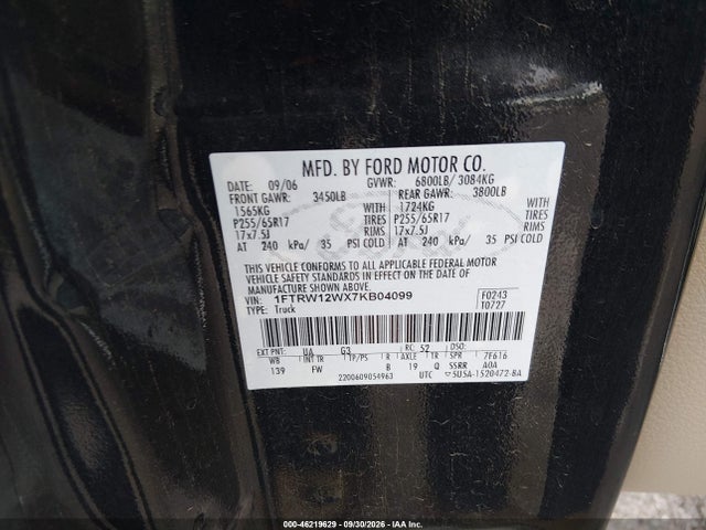 2007 Ford F-150 Xlt მანქანა იყიდება აუქციონზე, vin: 1FTRW12WX7KB04099, აუქციონის ნომერი: 46219629