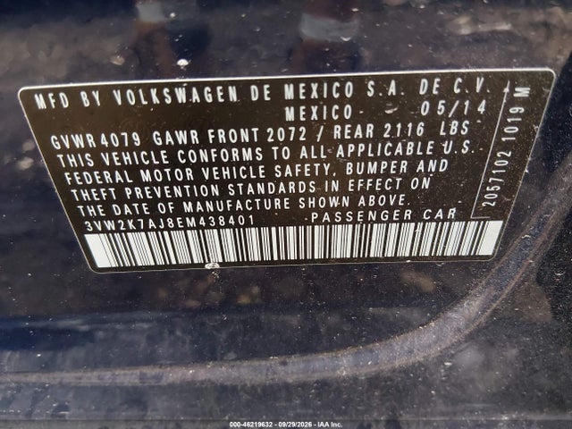 2014 Volkswagen Jetta 2.0l S მანქანა იყიდება აუქციონზე, vin: 3VW2K7AJ8EM438401, აუქციონის ნომერი: 46219632