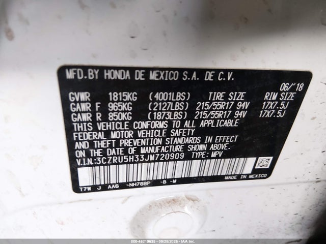Продаж на аукціоні авто 2018 Honda Hr-v Lx, vin: 3CZRU5H33JM720909, номер лоту: 46219635