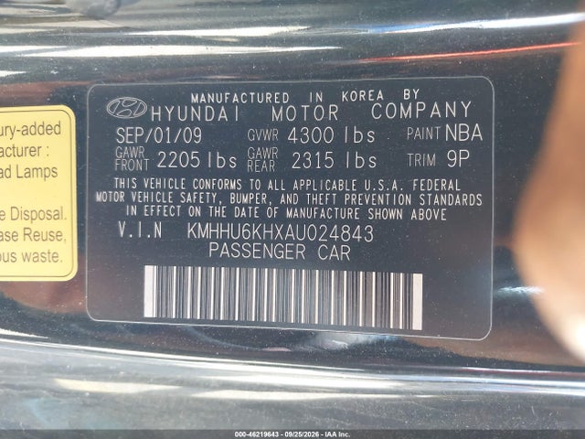 2010 Hyundai Genesis 3.8 Grand Touring მანქანა იყიდება აუქციონზე, vin: KMHHU6KHXAU024843, აუქციონის ნომერი: 46219643