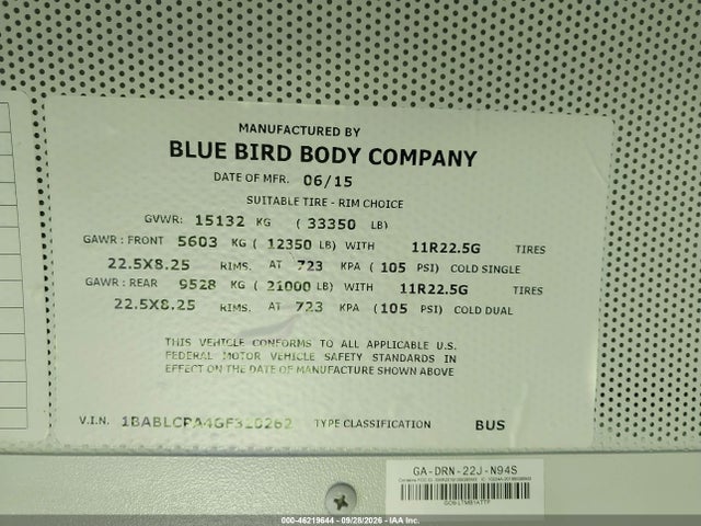 46219644 :رقم المزاد ، 1BABLCPA4GF320262 vin ، 2016 Blue Bird School Bus / Transit Bus مزاد بيع