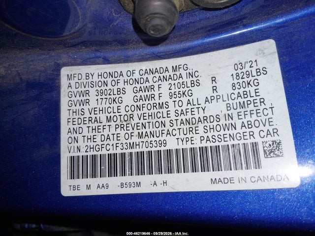 Aukcja sprzedaży 2021 Honda Civic Ex, vin: 2HGFC1F33MH705399, numer aukcji: 46219646