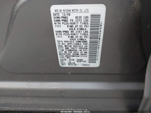 46219657 :رقم المزاد ، JN8AS5MV5AW121319 vin ، 2010 Nissan Rogue Sl مزاد بيع