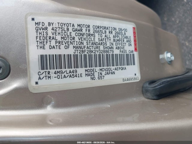 Продаж на аукціоні авто 2000 Toyota Camry Xle V6, vin: JT2BF28K2Y0288679, номер лоту: 46219658