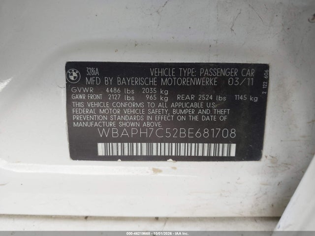 Продаж на аукціоні авто 2011 Bmw 328i, vin: WBAPH7C52BE681708, номер лоту: 46219668