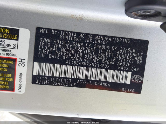 Продаж на аукціоні авто 2008 Toyota Camry Le, vin: 4T1BE46K78U213702, номер лоту: 46219672