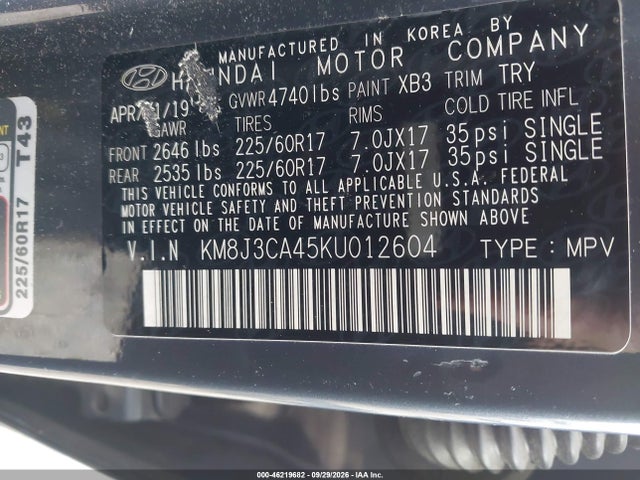 Продаж на аукціоні авто 2019 Hyundai Tucson Value, vin: KM8J3CA45KU012604, номер лоту: 46219682