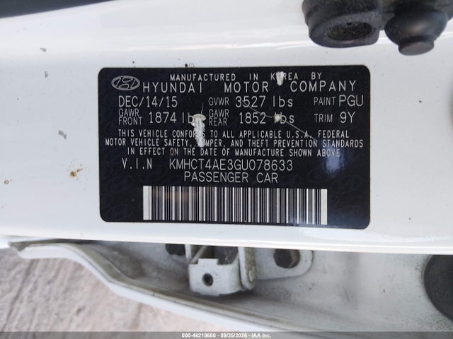 2016 Hyundai Accent Se მანქანა იყიდება აუქციონზე, vin: KMHCT4AE3GU078633, აუქციონის ნომერი: 46219688