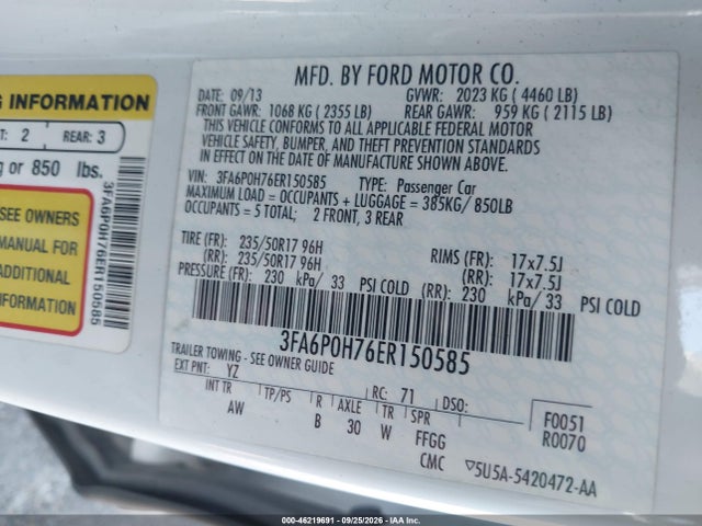 Ford FUSION SE 2014 3FA6P0H76ER150585 Image 9