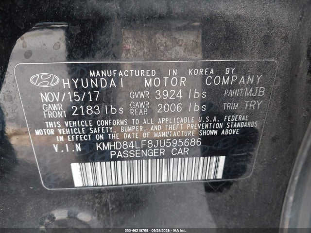 Aukcja sprzedaży 2018 Hyundai Elantra Sel, vin: KMHD84LF8JU595686, numer aukcji: 46219705