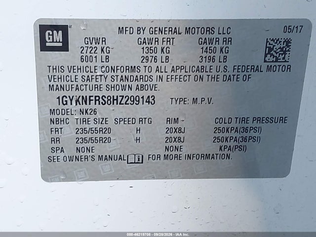 2017 Cadillac Xt5 Platinum მანქანა იყიდება აუქციონზე, vin: 1GYKNFRS8HZ299143, აუქციონის ნომერი: 46219708