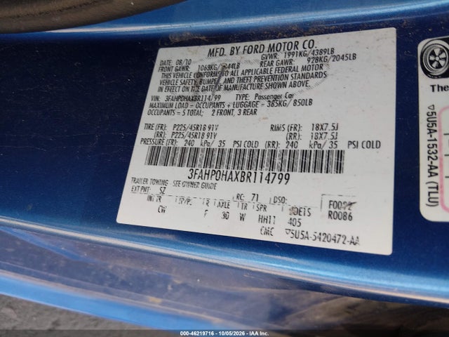Auction sale of the 2011 Ford Fusion Se, vin: 3FAHP0HAXBR114799, lot number: 46219716