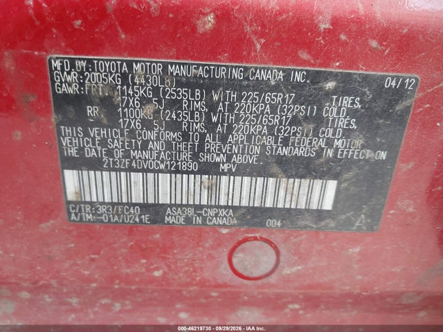 Продаж на аукціоні авто 2012 Toyota Rav4, vin: 2T3ZF4DV0CW121890, номер лоту: 46219730