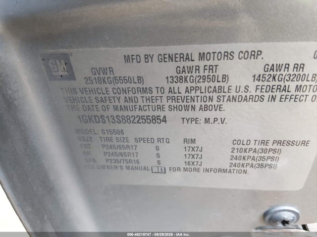 Aukcja sprzedaży 2008 Gmc Envoy Sle, vin: 1GKDS13S882255854, numer aukcji: 46219747