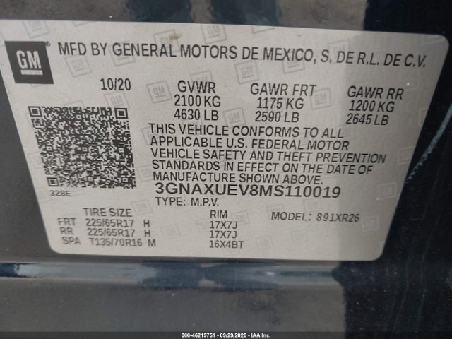 46219751 :رقم المزاد ، 3GNAXUEV8MS110019 vin ، 2021 Chevrolet Equinox Awd Lt مزاد بيع