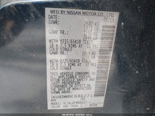 46219754 :رقم المزاد ، 5N1AR2MN8DC686221 vin ، 2013 Nissan Pathfinder Sl مزاد بيع