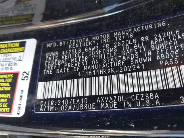 4T1B11HKXKU202241 Toyota CAMRY SE