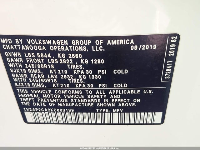1V2AP2CA2KC603189 Volkswagen Atlas 2.0t S