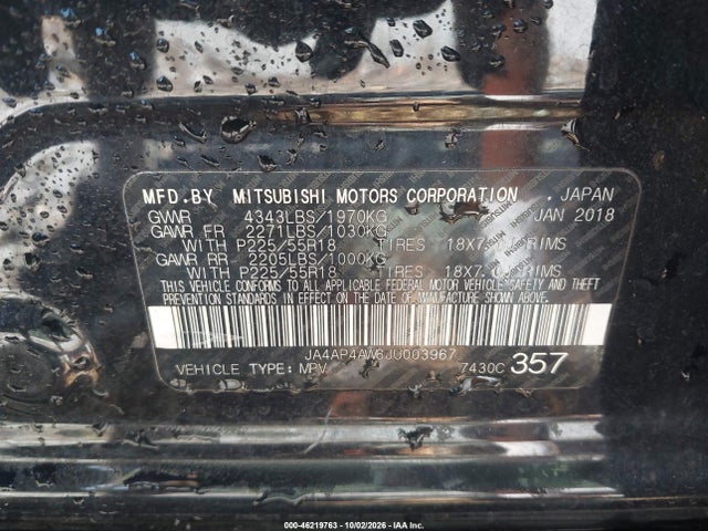 46219763 :رقم المزاد ، JA4AP4AW6JU003967 vin ، 2018 Mitsubishi Outlander Sport 2.4 Sel مزاد بيع