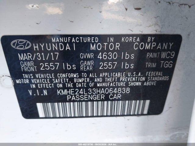 Продаж на аукціоні авто 2017 Hyundai Sonata Hybrid Se, vin: KMHE24L33HA064838, номер лоту: 46219798