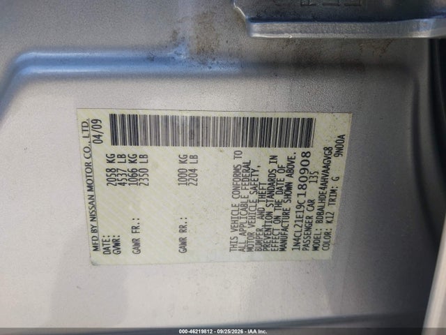 46219812 :رقم المزاد ، 1N4CL21E19C180908 vin ، 2009 Nissan Altima Hybrid مزاد بيع