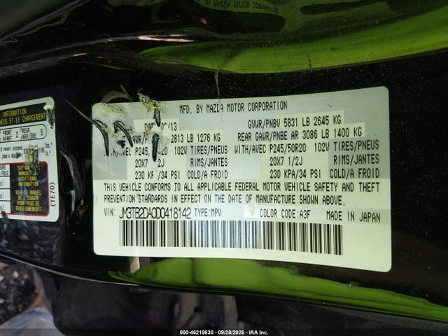 2013 Mazda Cx-9 Grand Touring მანქანა იყიდება აუქციონზე, vin: JM3TB2DA0D0418142, აუქციონის ნომერი: 46219830