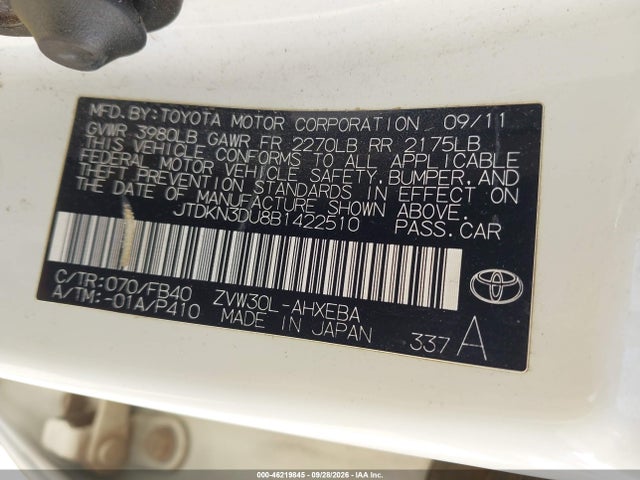46219845 :رقم المزاد ، JTDKN3DU8B1422510 vin ، 2011 Toyota Prius Two مزاد بيع