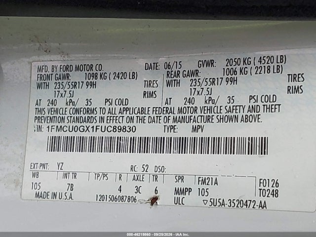 Ford ESCAPE SE 2015 1FMCU0GX1FUC89830 Image 9