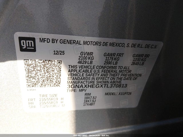46219862 :رقم المزاد ، 3GNAXHEGXTL370813 vin ، 2026 Chevrolet Equinox Fwd Lt مزاد بيع