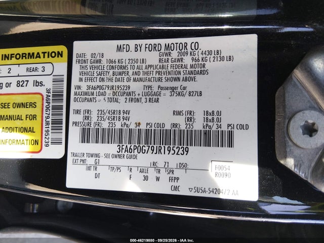 46219880 :رقم المزاد ، 3FA6P0G79JR195239 vin ، 2018 Ford Fusion S مزاد بيع