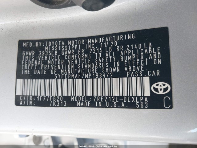 5YFEPMAE7MP193472 Toyota COROLLA LE