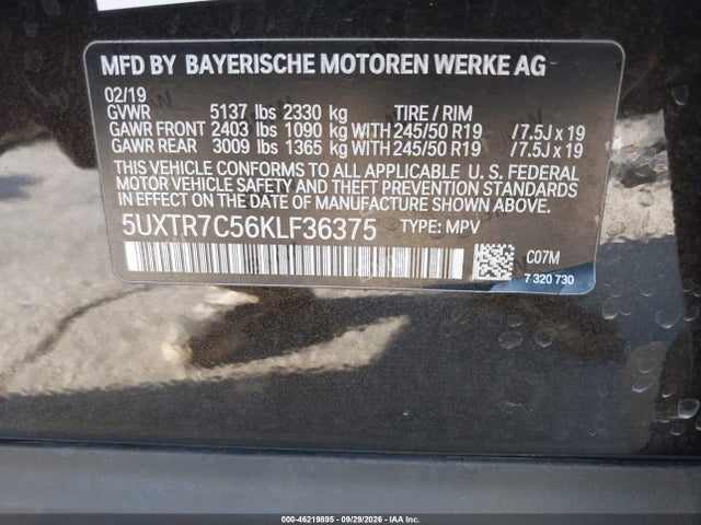 Aukcja sprzedaży 2019 Bmw X3 Sdrive30i, vin: 5UXTR7C56KLF36375, numer aukcji: 46219895