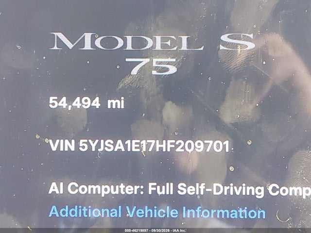 46219897 :رقم المزاد ، 5YJSA1E17HF209701 vin ، 2017 Tesla Model S 60/75 مزاد بيع