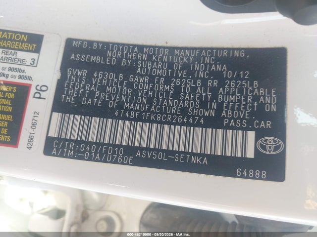 Aukcja sprzedaży 2012 Toyota Camry Le, vin: 4T4BF1FK8CR264474, numer aukcji: 46219900